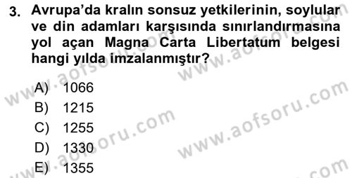 Siyasi Tarih 1 Dersi Ara Sınavı Deneme Sınav Soruları 3. Soru