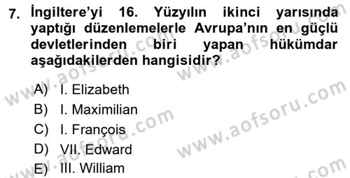 Siyasi Tarih 1 Dersi Ara Sınavı Deneme Sınav Soruları 7. Soru