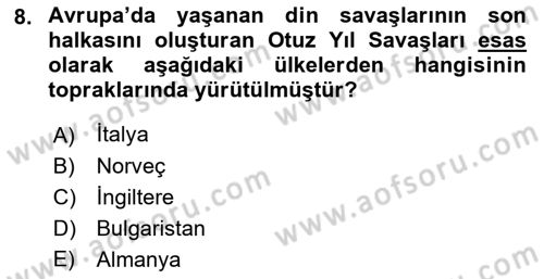 Siyasi Tarih 1 Dersi Ara Sınavı Deneme Sınav Soruları 8. Soru