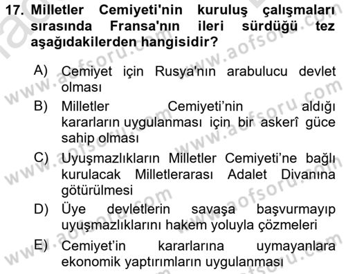 Siyasi Tarih 1 Dersi 2021 - 2022 Yılı (Final) Dönem Sonu Sınav Soruları 17. Soru