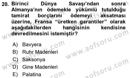 Siyasi Tarih 1 Dersi 2021 - 2022 Yılı (Final) Dönem Sonu Sınav Soruları 20. Soru