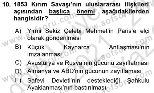 Siyasi Tarih 1 Dersi 2021 - 2022 Yılı Yaz Okulu Sınav Soruları 10. Soru