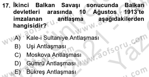 Siyasi Tarih 1 Dersi 2021 - 2022 Yılı Yaz Okulu Sınav Soruları 17. Soru