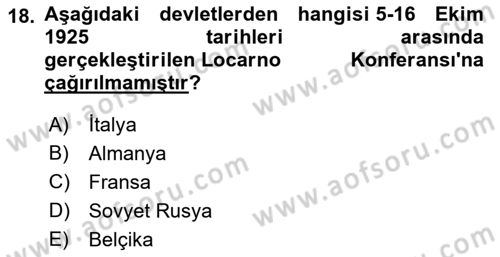 Siyasi Tarih 1 Dersi 2021 - 2022 Yılı Yaz Okulu Sınav Soruları 18. Soru