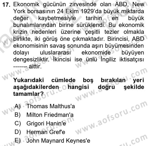 Siyasi Tarih 1 Dersi 2022 - 2023 Yılı (Final) Dönem Sonu Sınav Soruları 17. Soru