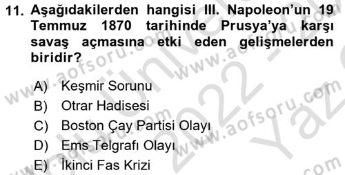 Siyasi Tarih 1 Dersi 2022 - 2023 Yılı Yaz Okulu Sınav Soruları 11. Soru