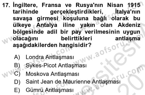 Siyasi Tarih 1 Dersi 2022 - 2023 Yılı Yaz Okulu Sınav Soruları 17. Soru