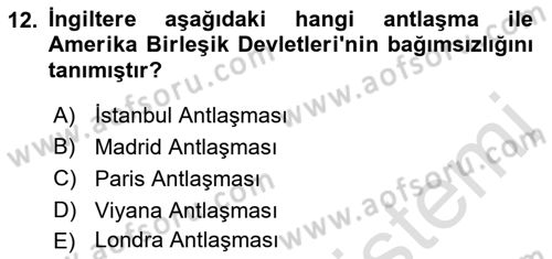 Siyasi Tarih 1 Dersi Ara Sınavı Deneme Sınav Soruları 12. Soru