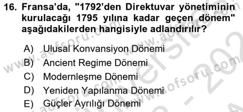 Siyasi Tarih 1 Dersi 2023 - 2024 Yılı (Vize) Ara Sınav Soruları 16. Soru