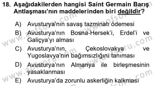 Siyasi Tarih 1 Dersi 2023 - 2024 Yılı Yaz Okulu Sınav Soruları 18. Soru