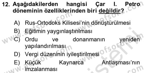 Siyasi Tarih 1 Dersi 2024 - 2025 Yılı (Vize) Ara Sınav Soruları 12. Soru