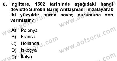 Siyasi Tarih 1 Dersi 2024 - 2025 Yılı (Vize) Ara Sınav Soruları 8. Soru