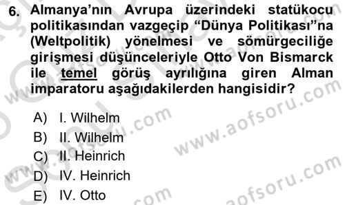 Siyasi Tarih 1 Dersi 2024 - 2025 Yılı (Final) Dönem Sonu Sınav Soruları 6. Soru