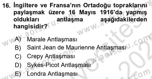 Siyasi Tarih 1 Dersi 2024 - 2025 Yılı Yaz Okulu Sınav Soruları 16. Soru