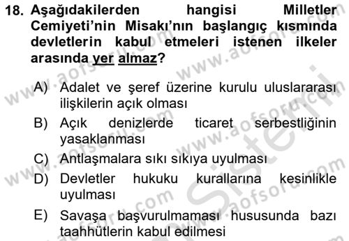 Siyasi Tarih 1 Dersi 2024 - 2025 Yılı Yaz Okulu Sınav Soruları 18. Soru