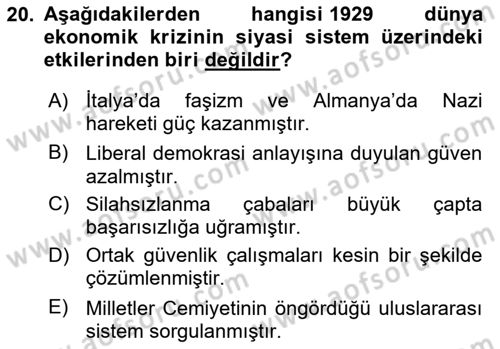 Siyasi Tarih 1 Dersi 2024 - 2025 Yılı Yaz Okulu Sınav Soruları 20. Soru