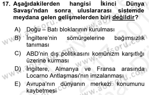 Siyasi Tarih 2 Dersi 2017 - 2018 Yılı (Vize) Ara Sınav Soruları 17. Soru