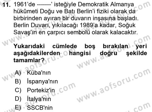Siyasi Tarih 2 Dersi 2020 - 2021 Yılı Yaz Okulu Sınav Soruları 11. Soru