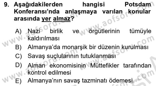 Siyasi Tarih 2 Dersi 2021 - 2022 Yılı (Vize) Ara Sınav Soruları 9. Soru