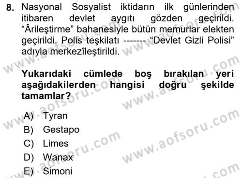 Siyasi Tarih 2 Dersi 2022 - 2023 Yılı Yaz Okulu Sınav Soruları 8. Soru