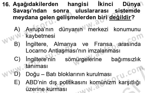 Siyasi Tarih 2 Dersi 2023 - 2024 Yılı (Vize) Ara Sınav Soruları 16. Soru