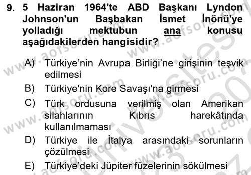 Siyasi Tarih 2 Dersi 2023 - 2024 Yılı Yaz Okulu Sınav Soruları 9. Soru