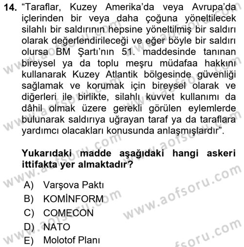 Siyasi Tarih 2 Dersi 2024 - 2025 Yılı (Vize) Ara Sınav Soruları 14. Soru