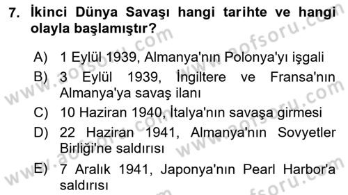 Siyasi Tarih 2 Dersi Ara Sınavı Deneme Sınav Soruları 7. Soru