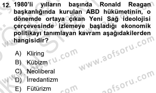Siyasi Tarih 2 Dersi 2024 - 2025 Yılı Yaz Okulu Sınav Soruları 12. Soru