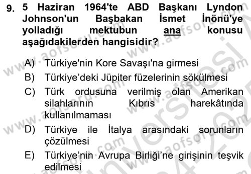 Siyasi Tarih 2 Dersi 2024 - 2025 Yılı Yaz Okulu Sınav Soruları 9. Soru