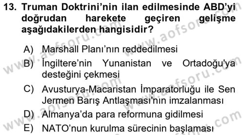 Siyasi Tarih 2 Dersi 2025 - 2026 Yılı (Vize) Ara Sınav Soruları 13. Soru