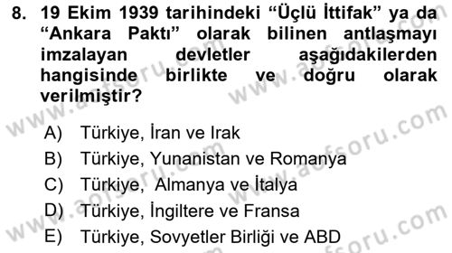 Siyasi Tarih 2 Dersi 2025 - 2026 Yılı (Vize) Ara Sınav Soruları 8. Soru