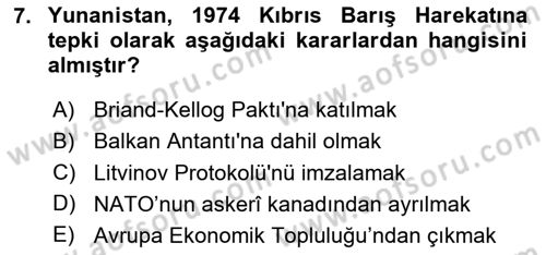 Siyasi Tarih 2 Dersi 2025 - 2026 Yılı (Final) Dönem Sonu Sınav Soruları 7. Soru