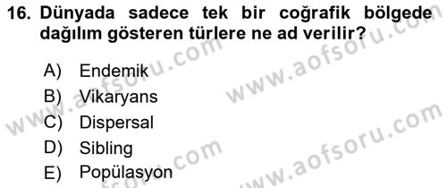 Genel Biyoloji Dersi Ara Sınavı Deneme Sınav Soruları 16. Soru