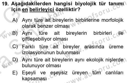 Genel Biyoloji Dersi Ara Sınavı Deneme Sınav Soruları 19. Soru