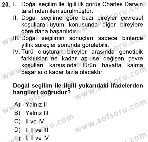 Genel Biyoloji Dersi Ara Sınavı Deneme Sınav Soruları 20. Soru