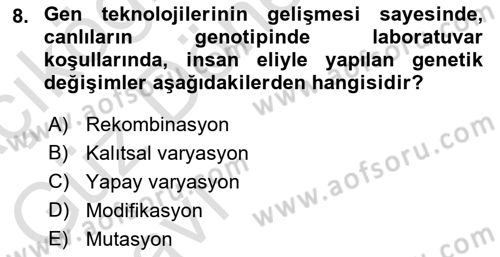 Genel Biyoloji Dersi Ara Sınavı Deneme Sınav Soruları 8. Soru