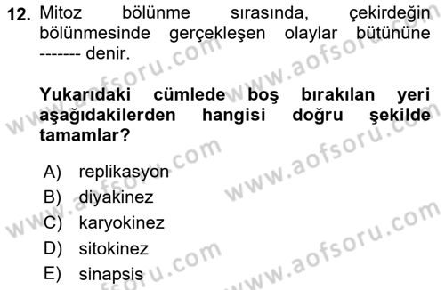 Genel Biyoloji Dersi 2021 - 2022 Yılı (Final) Dönem Sonu Sınav Soruları 12. Soru