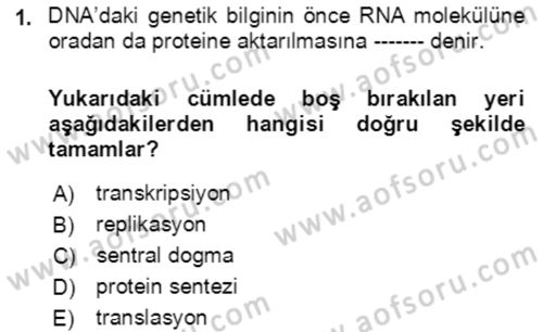 Genel Biyoloji Dersi 2021 - 2022 Yılı Yaz Okulu Sınavı 1. Soru