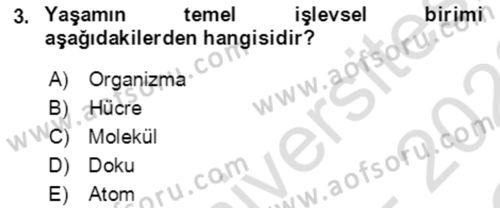 Genel Biyoloji Dersi 2021 - 2022 Yılı Yaz Okulu Sınavı 3. Soru