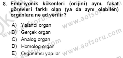 Genel Biyoloji Dersi 2021 - 2022 Yılı Yaz Okulu Sınavı 8. Soru