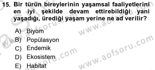 Genel Biyoloji Dersi Ara Sınavı Deneme Sınav Soruları 15. Soru