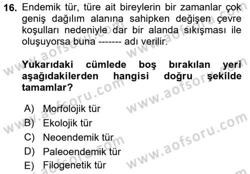 Genel Biyoloji Dersi Ara Sınavı Deneme Sınav Soruları 16. Soru