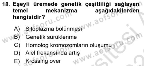 Genel Biyoloji Dersi Ara Sınavı Deneme Sınav Soruları 18. Soru