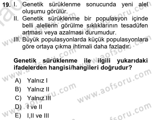 Genel Biyoloji Dersi Ara Sınavı Deneme Sınav Soruları 19. Soru