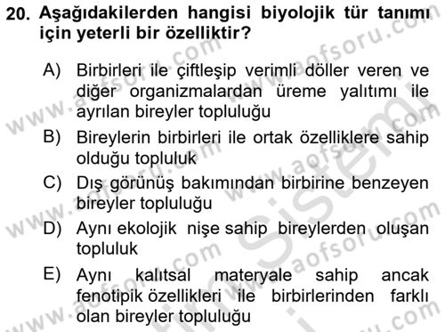 Genel Biyoloji Dersi Ara Sınavı Deneme Sınav Soruları 20. Soru