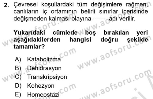 Genel Biyoloji Dersi 2022 - 2023 Yılı Yaz Okulu Sınav Soruları 2. Soru
