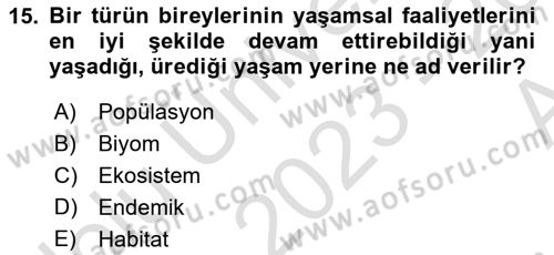 Genel Biyoloji Dersi Ara Sınavı Deneme Sınav Soruları 15. Soru