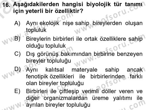 Genel Biyoloji Dersi Ara Sınavı Deneme Sınav Soruları 16. Soru