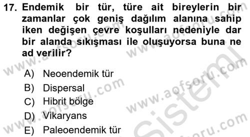 Genel Biyoloji Dersi Ara Sınavı Deneme Sınav Soruları 17. Soru